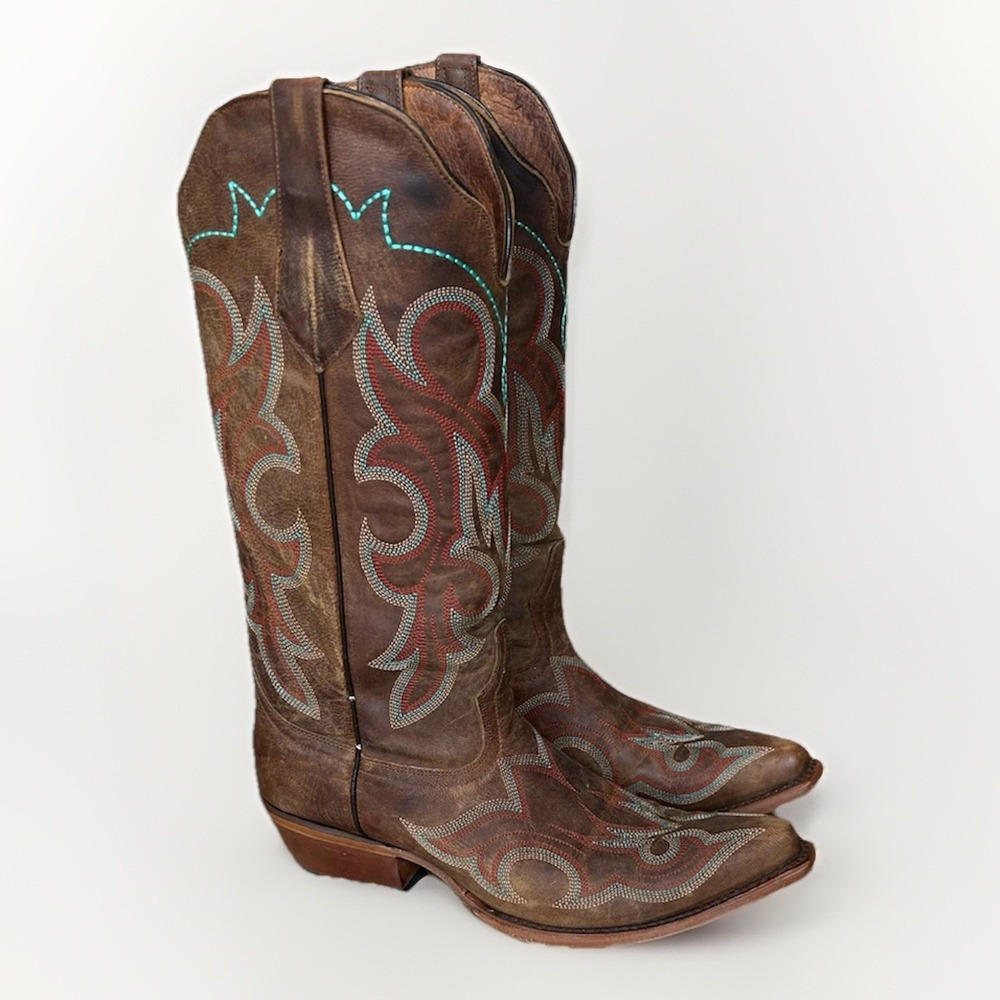 Johnny Ringo Cowgirl Boots 7 Western Saddle‎ Distressed Embroidered Mad Dog Tall